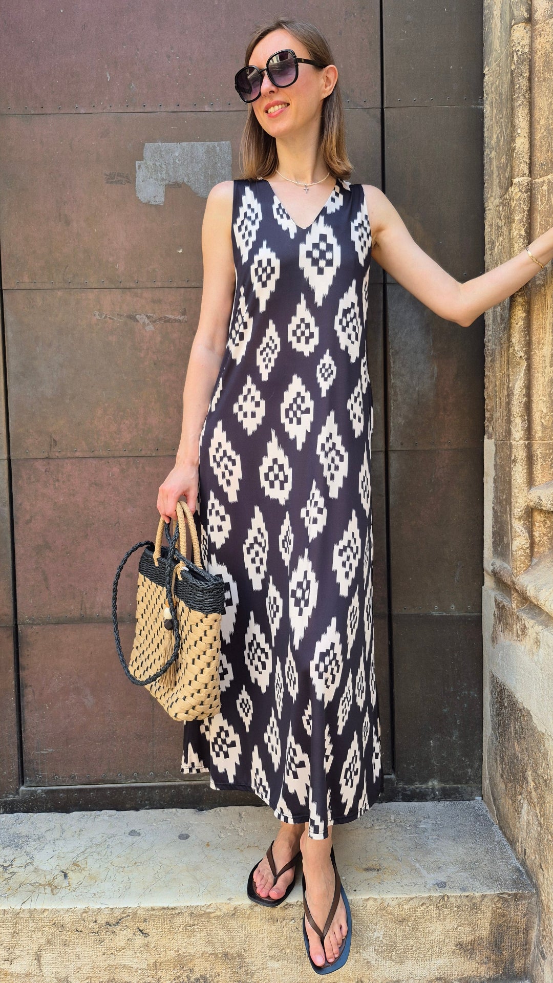 VESTIDO PUNTO SEDA GEOMETRICO (NEGRO)